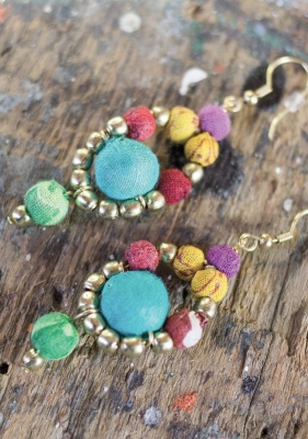 Recycled Fabric and Golden Bead Earrings